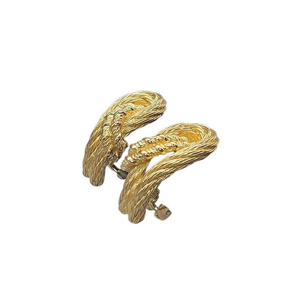 VINTAGE Christian Dior Cordage Knots Clip On Earrings Textured Gold Plated - Picture 3 of 12